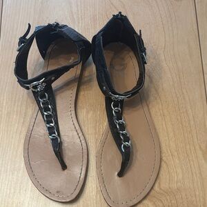 G By Guess Black Faux Leather Sandals with Chain Detail. Size 8.5